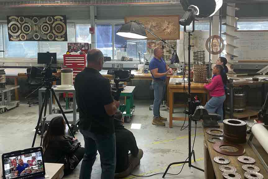 MagLab Deputy Director Tim Murphy talks to kid hosts McKenzie and Daniel during taping of Discovery Education's Virtual Field Trip to the National MagLab.