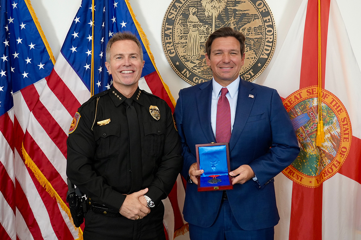 FSUPD Chief Jason Trumbower receives the Governor's Medal of Heroism from Florida Gov. Ron DeSantis on Wednesday, April 25, 2025. (Office of the Governor)