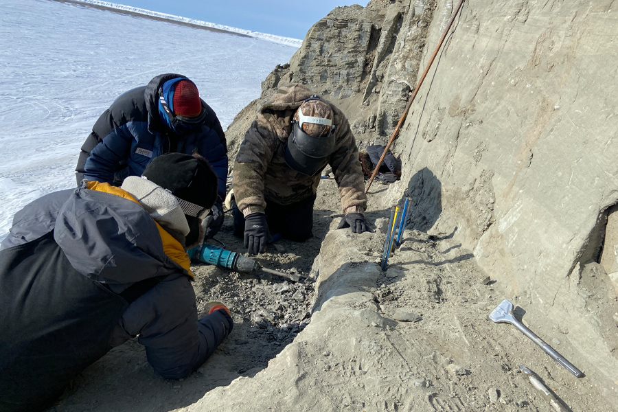 Researchers excavate at a site on the Colville River. (Photo by Lauren Wilson/University of Alaska Fairbanks)