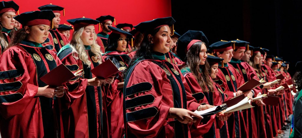 Graduates from the M.D. Class of 2025 recite the Physician’s Oath near the conclusion of Saturday’s FSU College of Medicine commencement. The college graduated 113 new physicians, in addition to eight Bridge to Clinical Sciences master’s degree students, who will join the incoming M.D. Class of 2029.