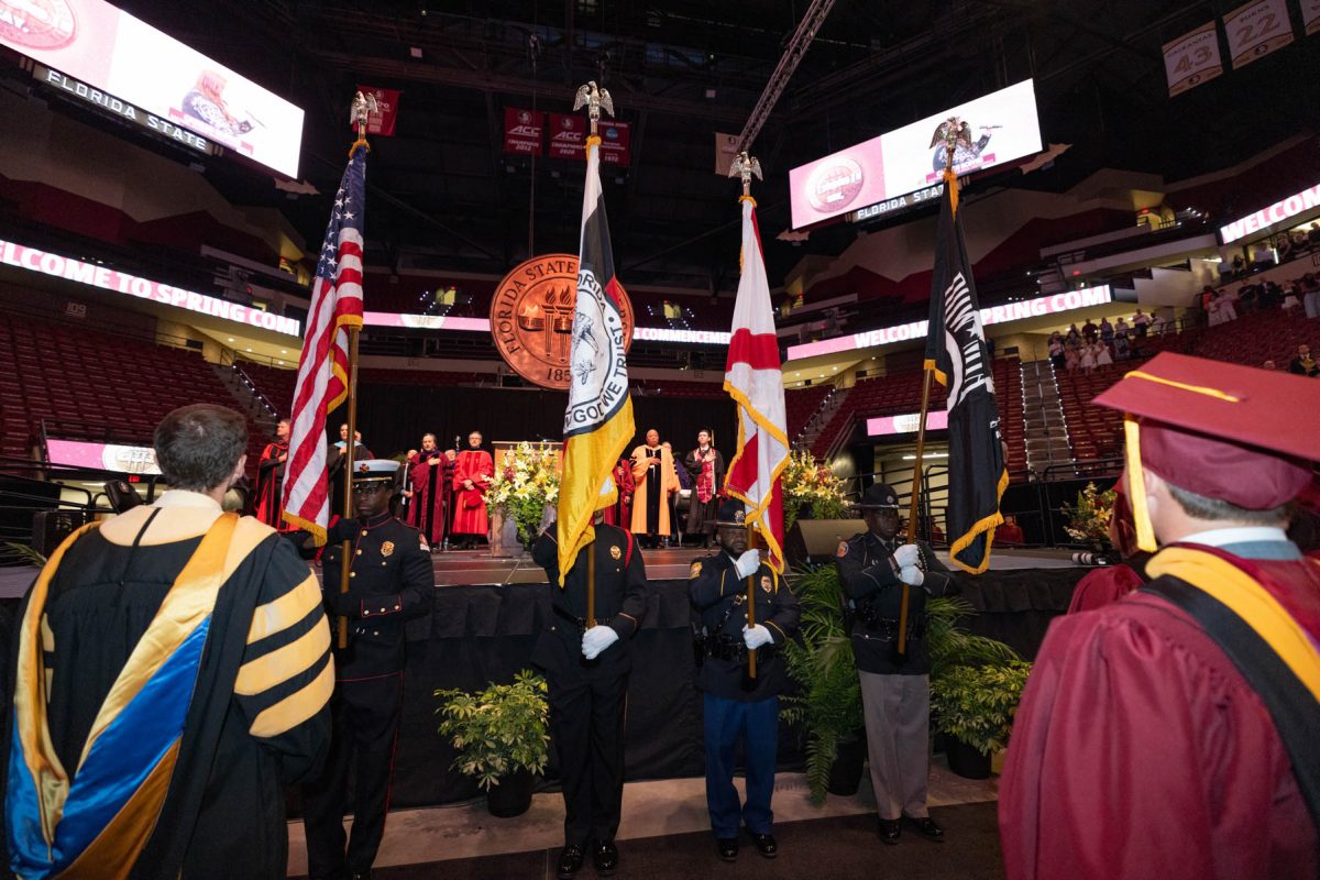 The Seminole Tribe of Florida Color Guard during one of FSU's spring 2025 commencement ceremonies Saturday, May 3, 2025, at the Donald L. Tucker Civic Center. (FSU Photography)