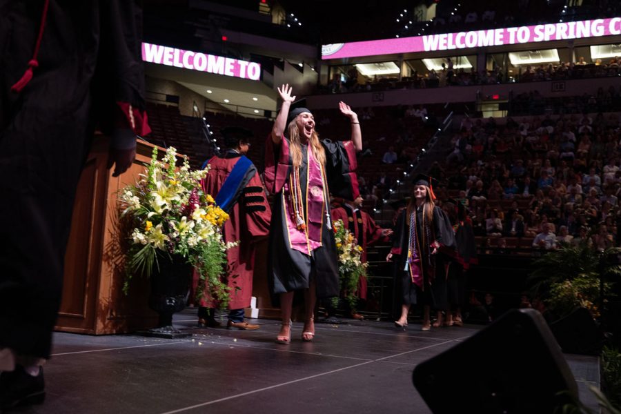 A Florida State University graduate celebrates during one of the spring ceremonies Saturday, May 3, 2025, at the Donald L. Tucker Civic Center. (FSU Photography)