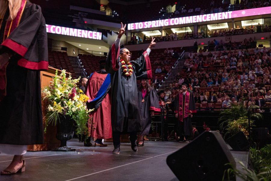 A Florida State University graduate celebrates during one of the spring ceremonies Saturday, May 3, 2025, at the Donald L. Tucker Civic Center. (FSU Photography)