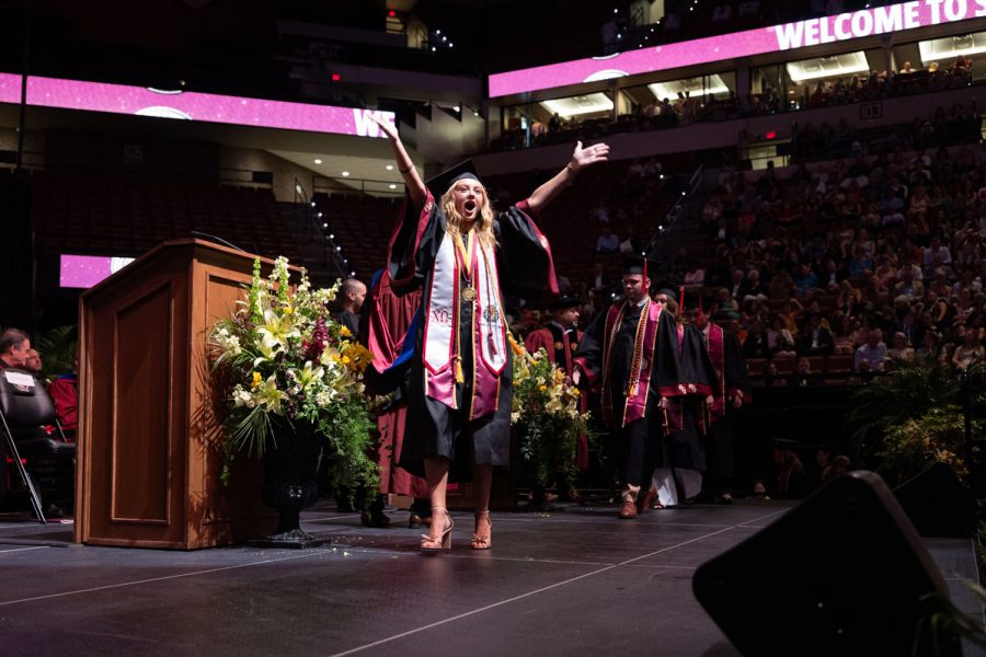A Florida State University graduate celebrates during one of the spring ceremonies Saturday, May 3, 2025, at the Donald L. Tucker Civic Center. (FSU Photography)
