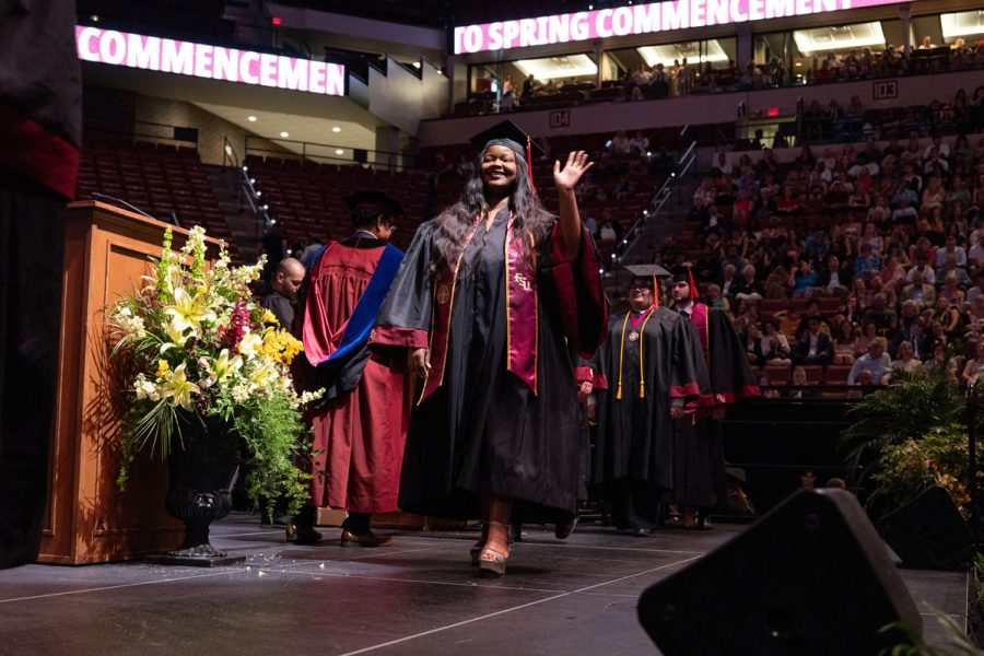 A Florida State University graduate celebrates during one of the spring ceremonies Saturday, May 3, 2025, at the Donald L. Tucker Civic Center. (FSU Photography)
