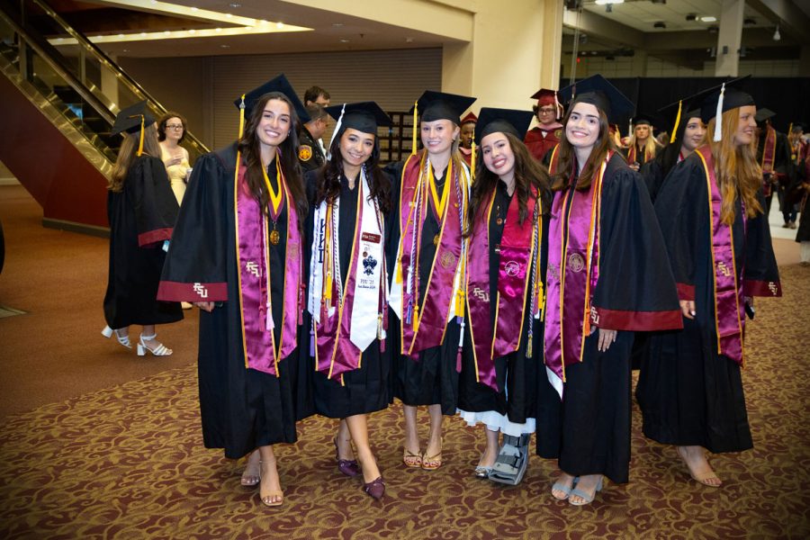 Florida State University graduates pose before one of the spring ceremonies Saturday, May 3, 2025, at the Donald L. Tucker Civic Center. (FSU Photography)