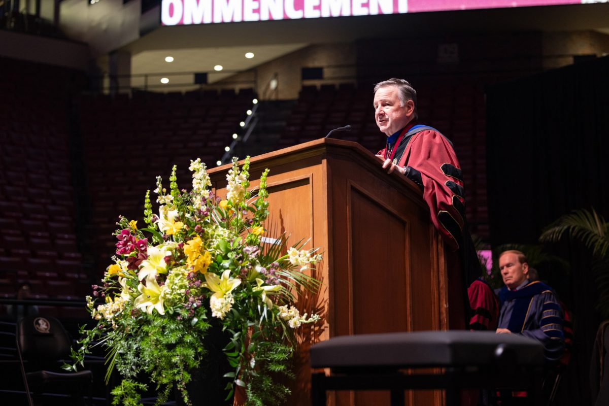 Florida State University President Richard McCullough welcomes graduates and their guests to the university’s spring doctoral hooding ceremony Friday, May 2, 2025, at the Donald L. Tucker Civic Center. (FSU Photography)