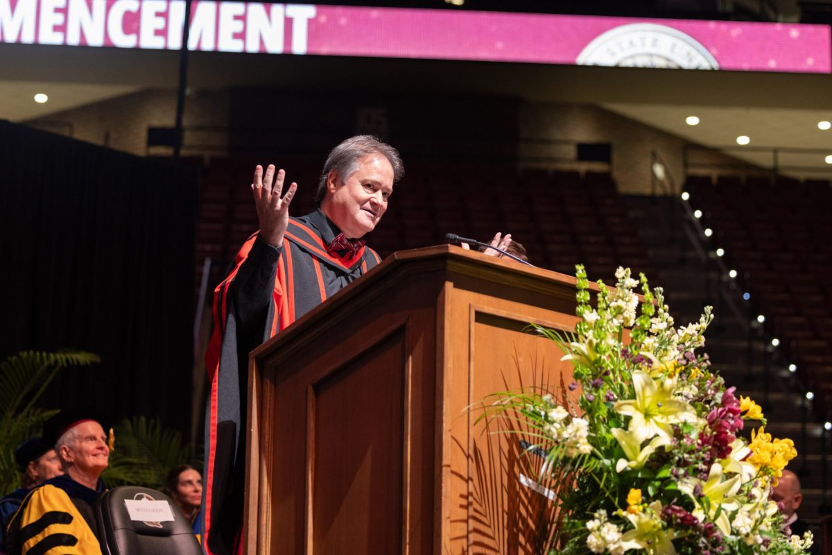 Dean of The Graduate School Mark Riley prepares to present the graduates at the university’s spring doctoral hooding ceremony Friday, May 2, 2025, at the Donald L. Tucker Civic Center. (FSU Photography)
