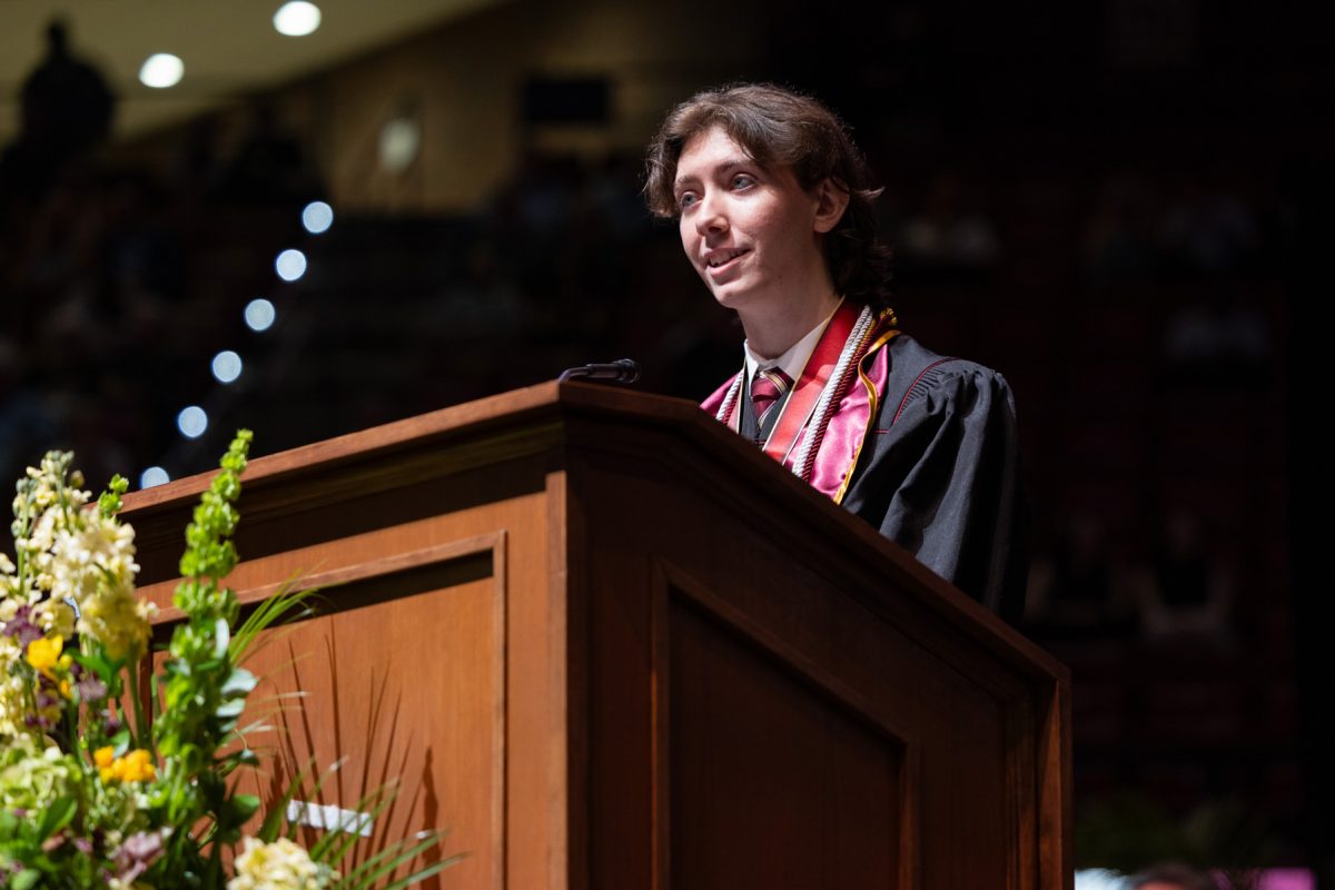 2024-2025 Florida State University Student Body President Jackson Boisvert speaks during one of the university's spring ceremonies May 2, 2025, at the Donald L. Tucker Civic Center. (FSU Photography Services)