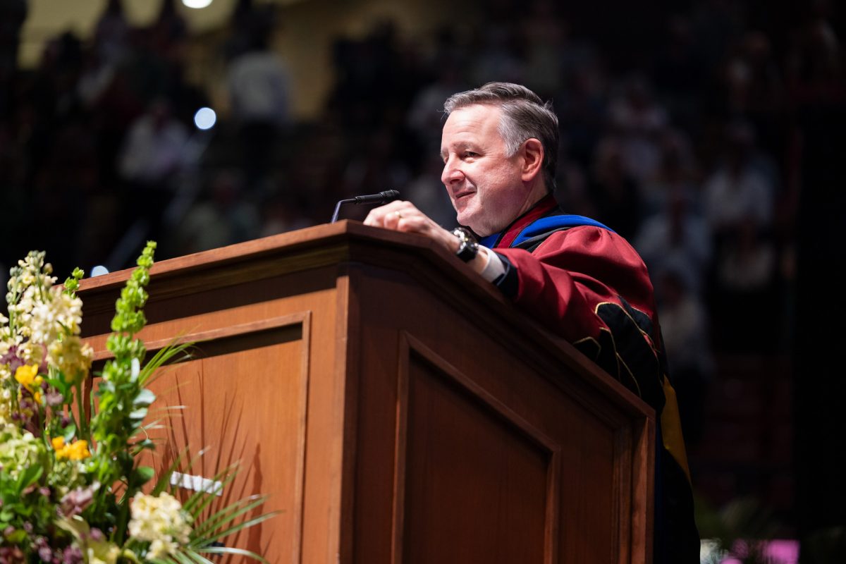 Florida State University President Richard McCullough welcomes graduates and their guests to one of the university’s spring commencement ceremonies Friday, May 2, 2025, at the Donald L. Tucker Civic Center. (FSU Photography)