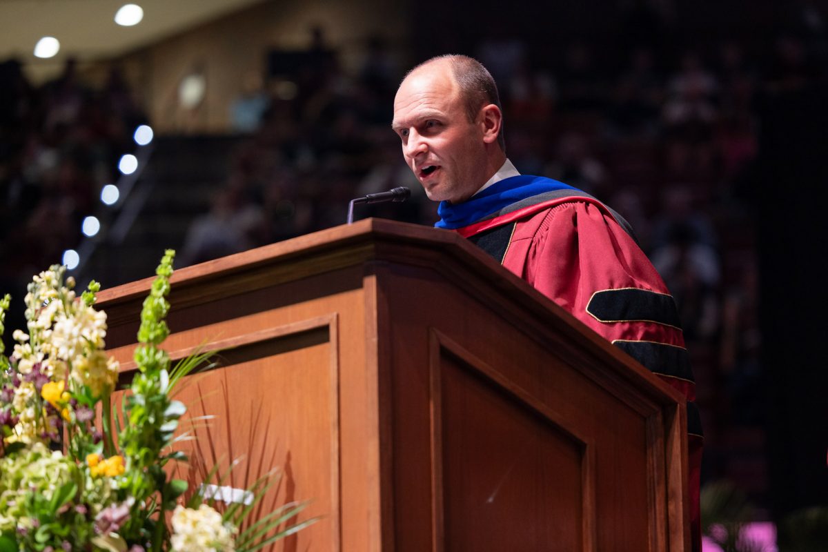 Florida State University Associate Provost and Dean of Undergraduate Studies Joe O'Shea addresses the audience during one of the spring commencement ceremonies Friday, May 2, 2024, at the Donald L. Tucker Civic Center. (FSU Photography)