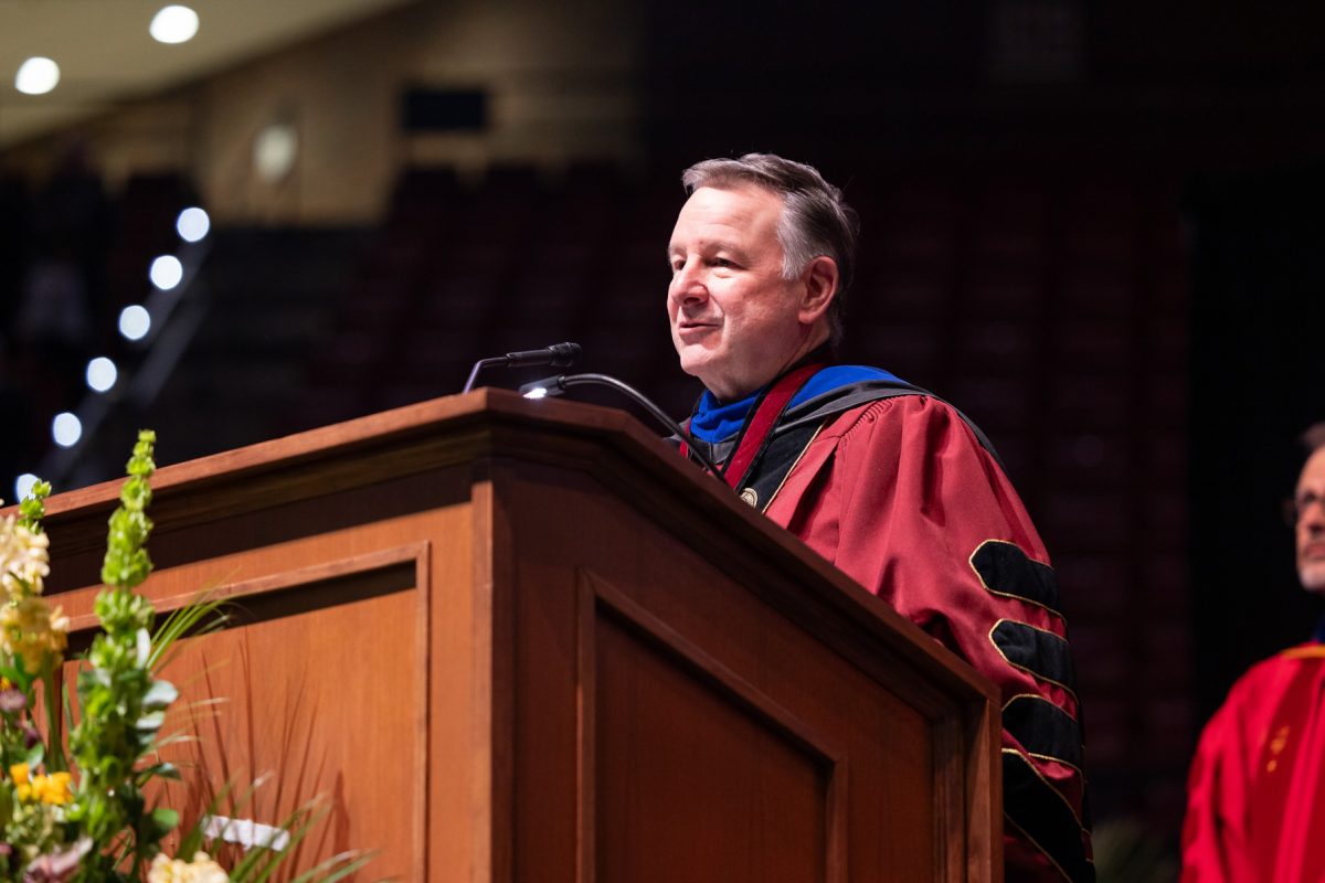 Florida State University President Richard McCullough welcomes graduates and their guests to one of the university’s spring commencement ceremonies Saturday, May 3, 2025, at the Donald L. Tucker Civic Center. (FSU Photography)