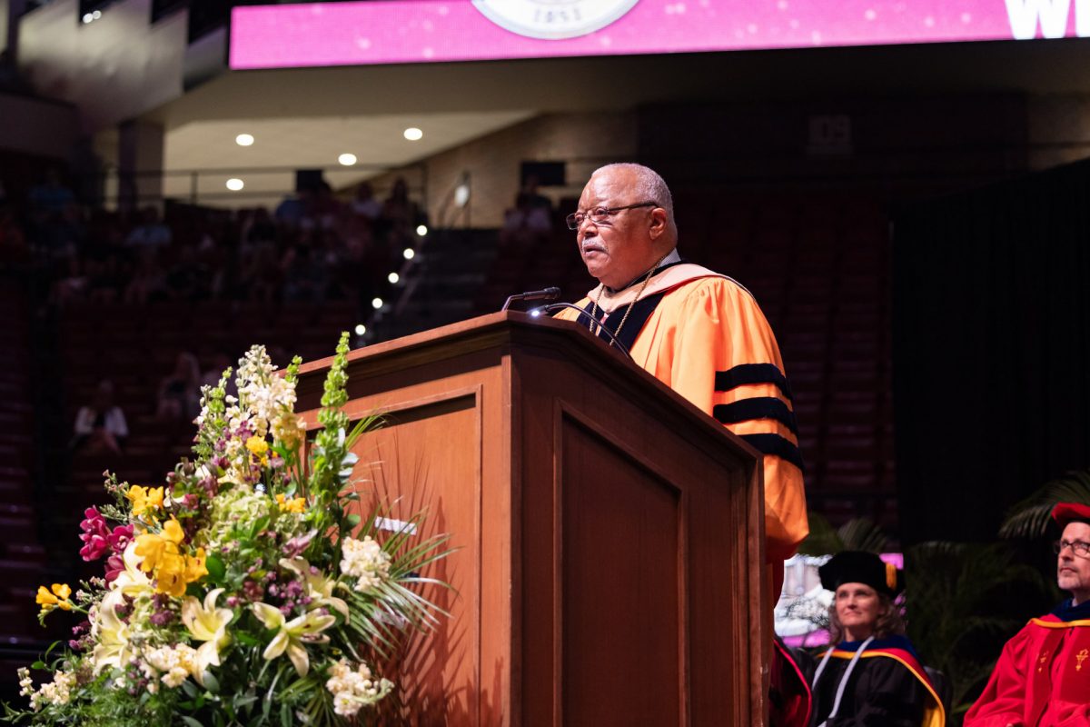 Mel Stith, a former FSU College of Business dean who helped launch the Jim Moran Institute for Global Entrepreneurship, spoke to graduates from the Dedman College of Hospitality, Jim Moran College of Entrepreneurship, College of Applied Studies, College of Medicine, College of Motion Picture Arts, College of Social Sciences & Public Policy during Florida State University's commecement ceremony at 9 a.m., Saturday, May 3, 2025, at the Donald L. Tucker Civic Center. (FSU Photography)