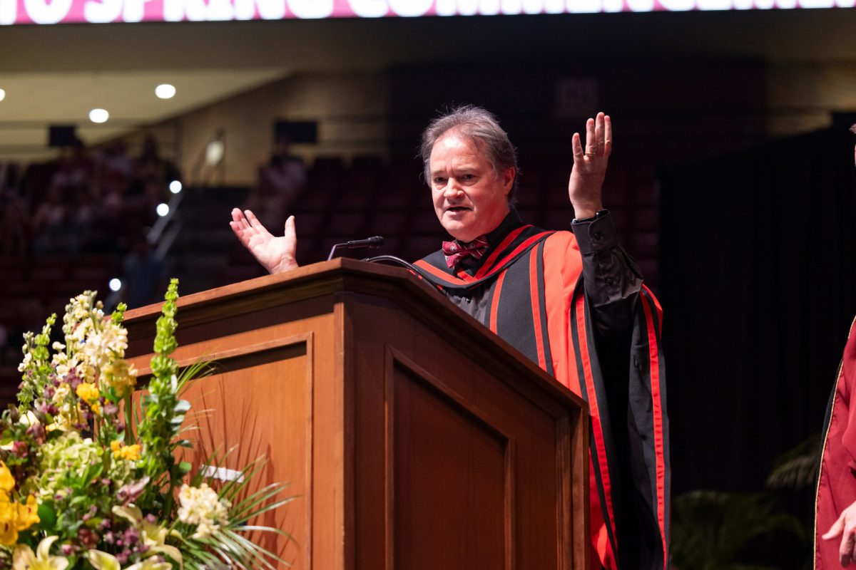 Dean of The Graduate School Mark Riley prepares to present the graduates at the university’s spring doctoral hooding ceremony Saturday, May 3, 2025, at the Donald L. Tucker Civic Center. (FSU Photography)