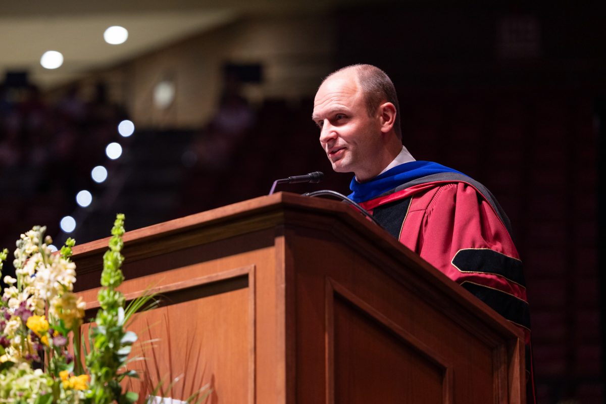 Florida State University Associate Provost and Dean of Undergraduate Studies Joe O'Shea addresses the audience during one of the spring commencement ceremonies Saturday, May 3, 2024, at the Donald L. Tucker Civic Center. (FSU Photography)
