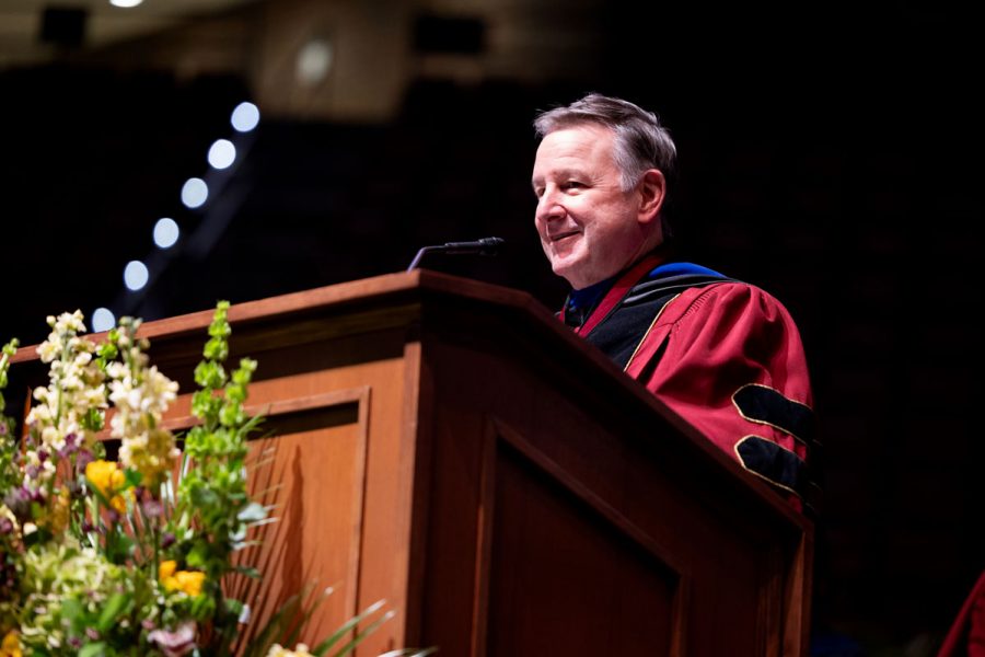 Florida State University President Richard McCullough welcomes graduates and their guests to one of the university’s spring commencement ceremonies Saturday, May 3, 2025, at the Donald L. Tucker Civic Center. (FSU Photography)