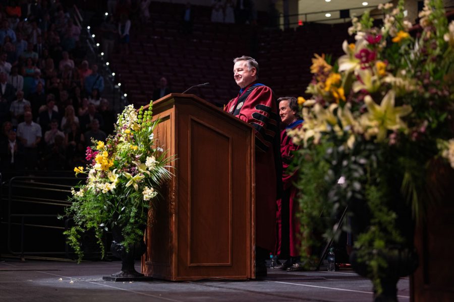 Florida State University President Richard McCullough welcomes graduates and their guests to one of the university’s spring commencement ceremonies Saturday, May 3, 2025, at the Donald L. Tucker Civic Center. (FSU Photography)