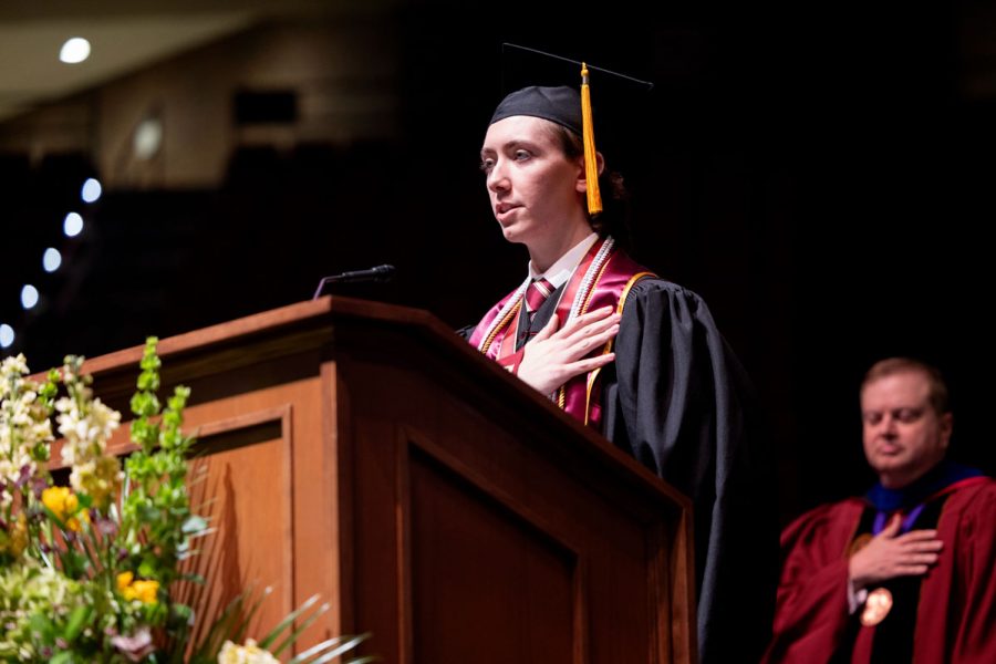 Former Student Government Association President and FSU Trustee Jackson Boisvert leads the Pledge of Allegiance during Florida State University's spring commencement ceremony Saturday, May 3, 2025, at the Donald L. Tucker Civic Center. (FSU Photography Services)