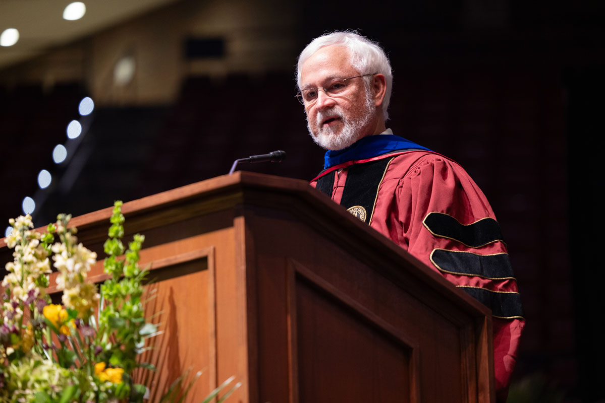 Ricky Polston, former Florida Supreme Court justice and chief justice, addresses graduates during the university’s afternoon spring ceremony Saturday, May 3, 2025, at the Donald L. Tucker Civic Center. (FSU Photography)