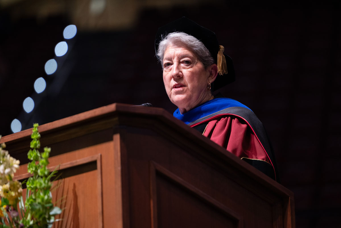 Cecile Reynaud, FSU Hall of Famer and longtime head coach of Seminole Volleyball, addresses graduates during the university’s evning spring ceremony Saturday, May 3, 2025, at the Donald L. Tucker Civic Center. (FSU Photography)