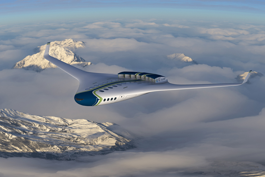 An artist's rendering of a 100-passenger hybrid-electric aircraft that uses hydrogen as fuel. (Courtesy of Wei Guo)