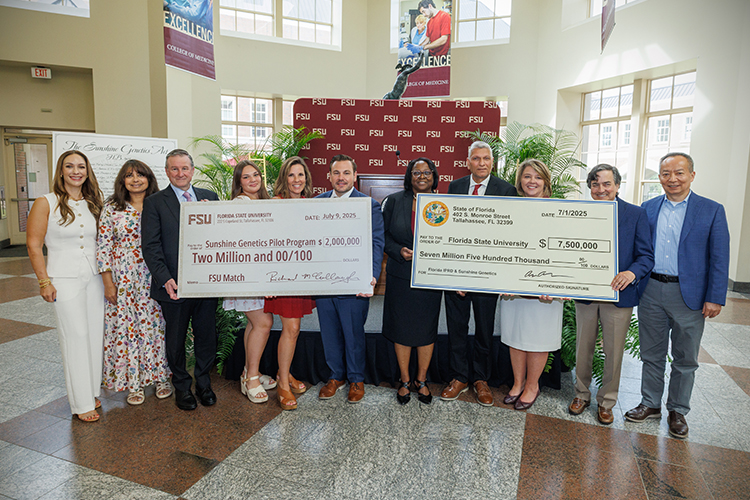 A ceremony at the FSU College of Medicine celebrating the signing of HB 907, the Sunshine Genetics Act. Rep. Anderson presented a check for $7.5 million from the State of Florida to support the Sunshine Genetics Pilot Program and the Florida Institute for Pediatric Rare Diseases at Florida State University. (Bill Lax/FSU Marketing)