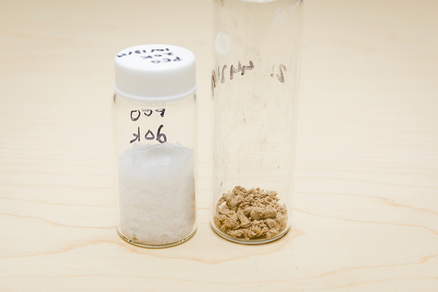 Samples of polyethylene oxide (PEO), left, and the polymer blend known as p5 in a lab at the Aero-Propulsion, Mechatronics & Energy building. The two polymers were blended in different proportions, and their ability to mix was studied by measuring several properties of the blends. The blended polymers are a promising component in safe, solid-state batteries. (Scott Holstein/FAMU-FSU College of Engineering)