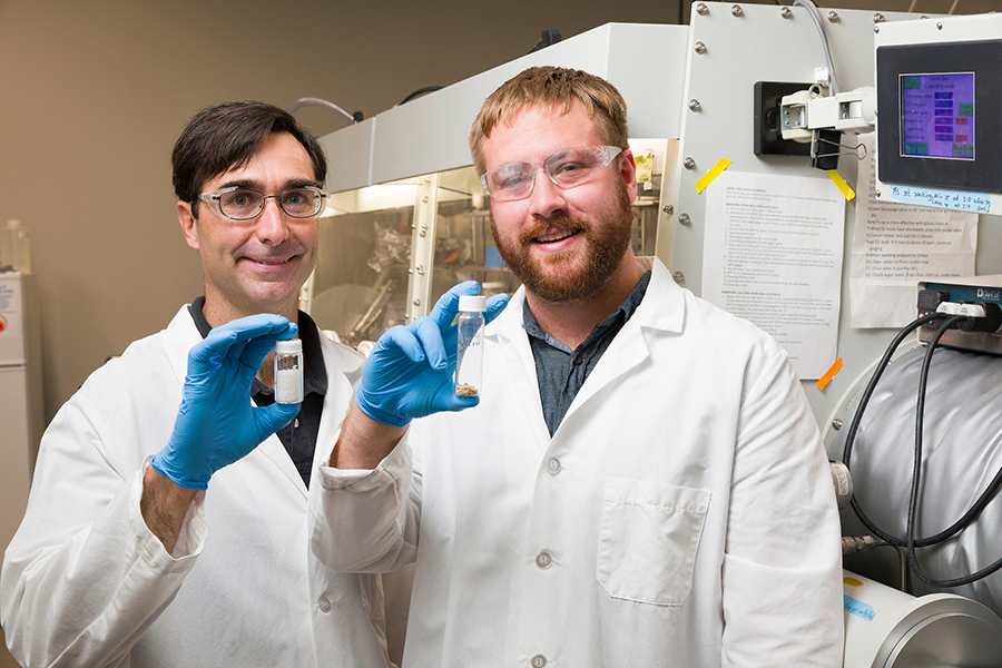 From left, FAMU-FSU College of Engineering Associate Professor Daniel Hallinan and former doctoral student Michael Patrick Blatt with samples in a lab in the Aero-Propulsion, Mechatronics & Energy building. The team is researching the blending of polymers to create safe solid-state batteries. (Scott Holstein/FAMU-FSU College of Engineering)