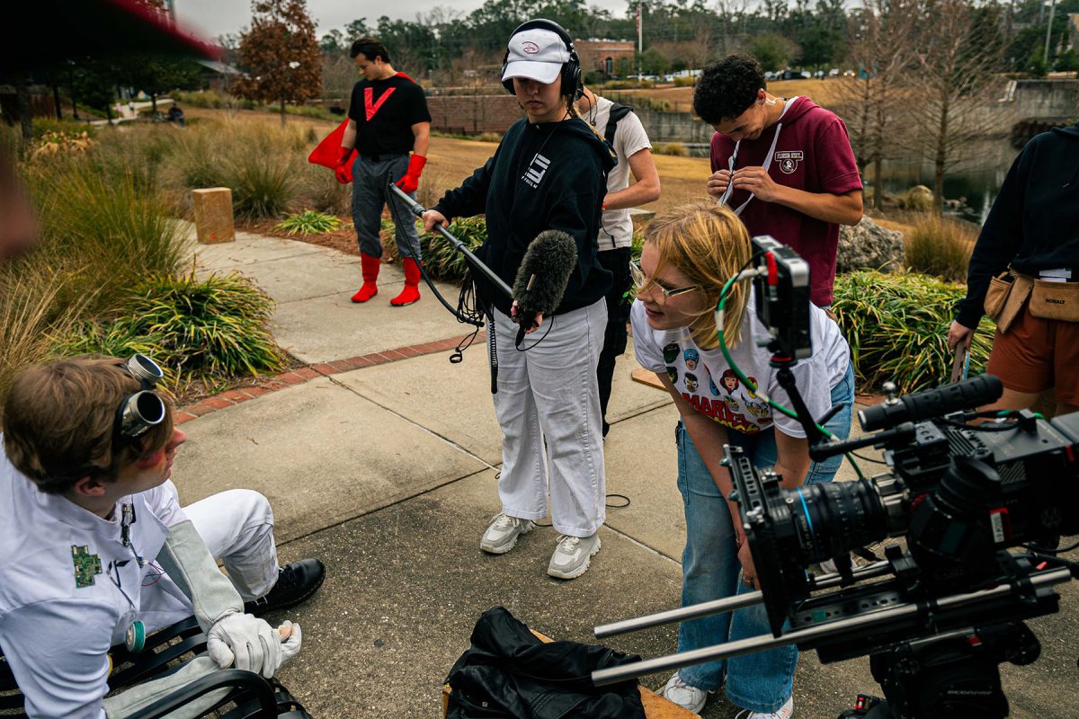 FSU Film undergraduate students work together on the set of their Filmmaking 3 projects during the spring 2025 semester. (FSU College of Motion Picture Arts)