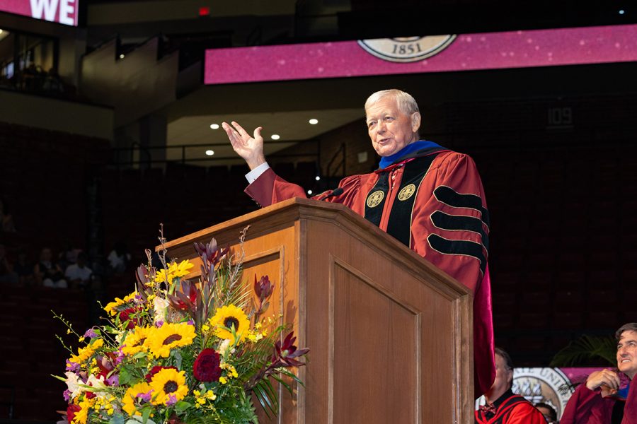 Jim Henderson, Florida State University alumnus and chair of the Board of Trustees’ Finance and Business Committee, addresses graduates from nine colleges, including his alma mater, the College of Business, during summer commencement Friday, Aug. 1, 2025, at the Donald L. Tucker Civic Center. (FSU Photography)