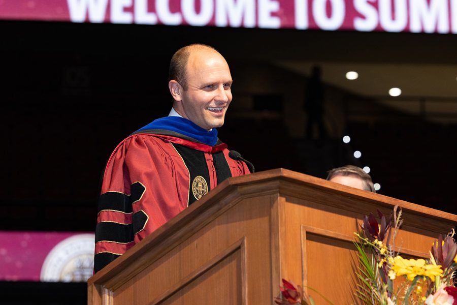 Vice President for Student Academic Success and Dean of Undergraduate Studies Joe O'Shea address graduates at one of FSU's summer commencement ceremonies Friday, Aug. 1, 2025, at the Donald L. Tucker Civic Center. (FSU Photography)