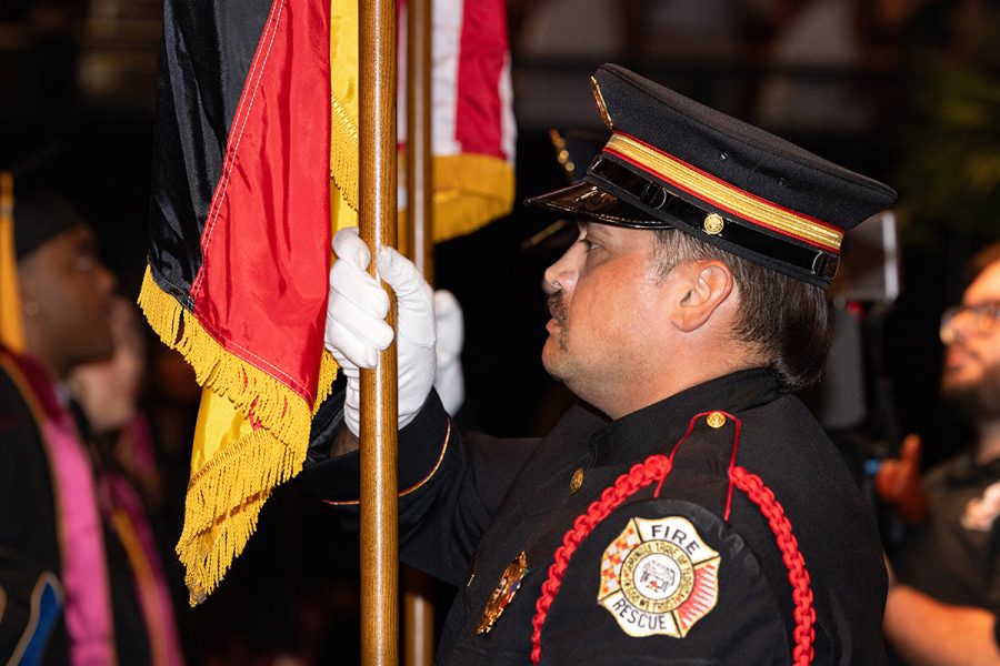 A member of the Seminole Tribe of Florida Color Guard during one of FSU's summer commencement ceremonies Friday, Aug. 1, 2025, at the Donald L. Tucker Civic Center. (FSU Photography)