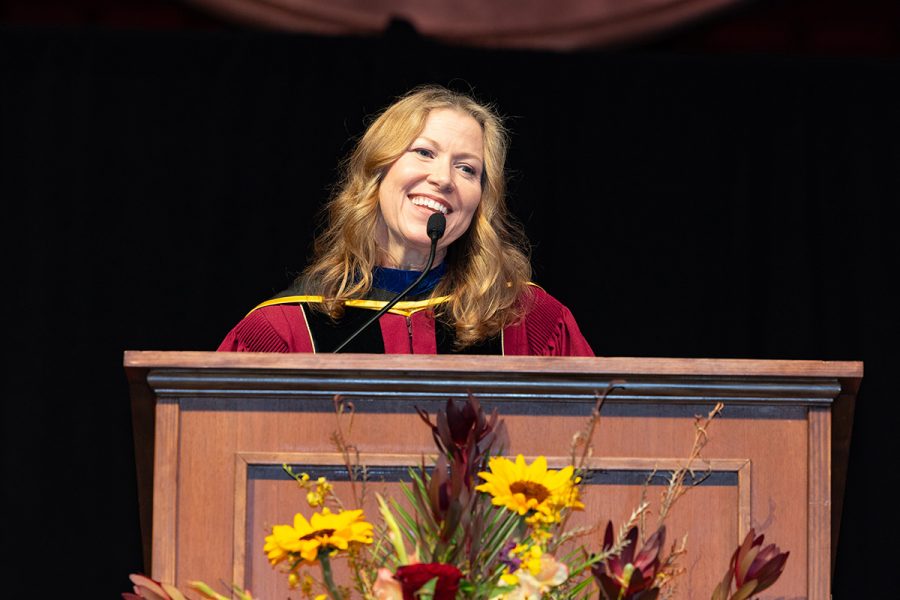 Pamela Keel, FSU’s newly named 2025-2026 Robert O. Lawton Distinguished Professor, shares an inspiring message during the summer 2025 commencement evening ceremony at the Donald L. Tucker Civic Center. (FSU Photography)
