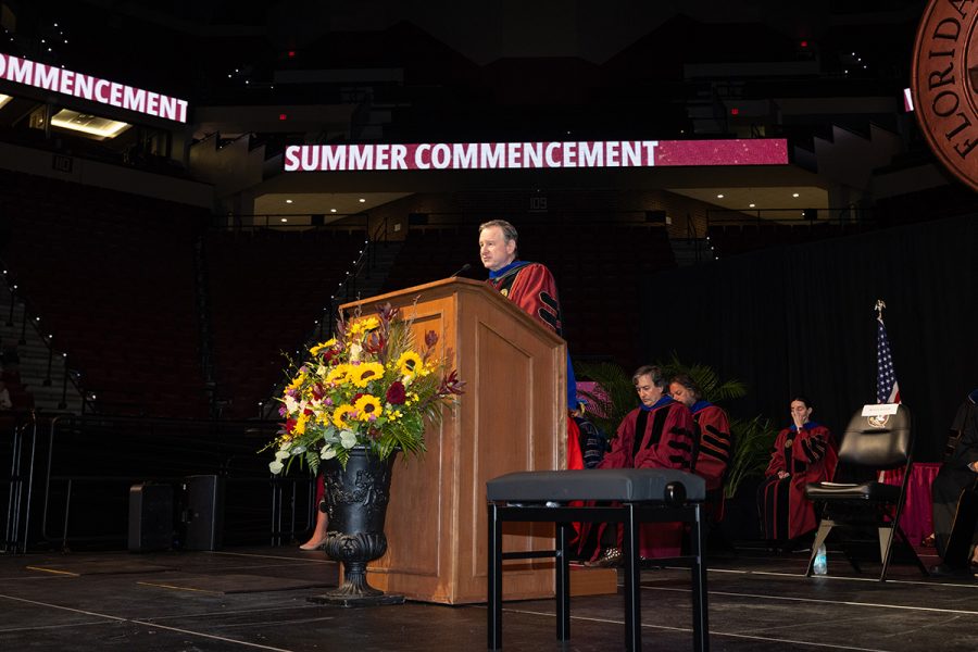 Florida State University President Richard McCullough welcomes graduates and their guests to the university’s summer doctoral hooding ceremony, Friday, Aug. 1, 2025, at the Donald L. Tucker Civic Center. (FSU Photography)