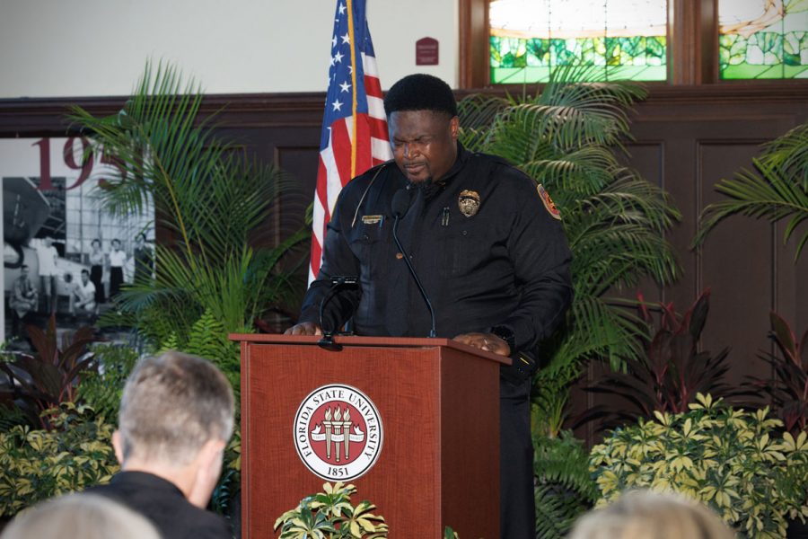 Lt. Gregory McSwain says the invocation during the swearing-in ceremony for FSUPD Chief Jason Trumbower on Tuesday, Aug. 12, 2025. (Bill Lax/FSU Photography)