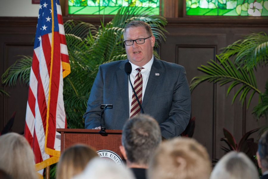 Senior Vice President Kyle Clark speaks during the swearing-in ceremony for FSUPD Chief Jason Trumbower on Tuesday, Aug. 12, 2025. (Bill Lax/FSU Photography)