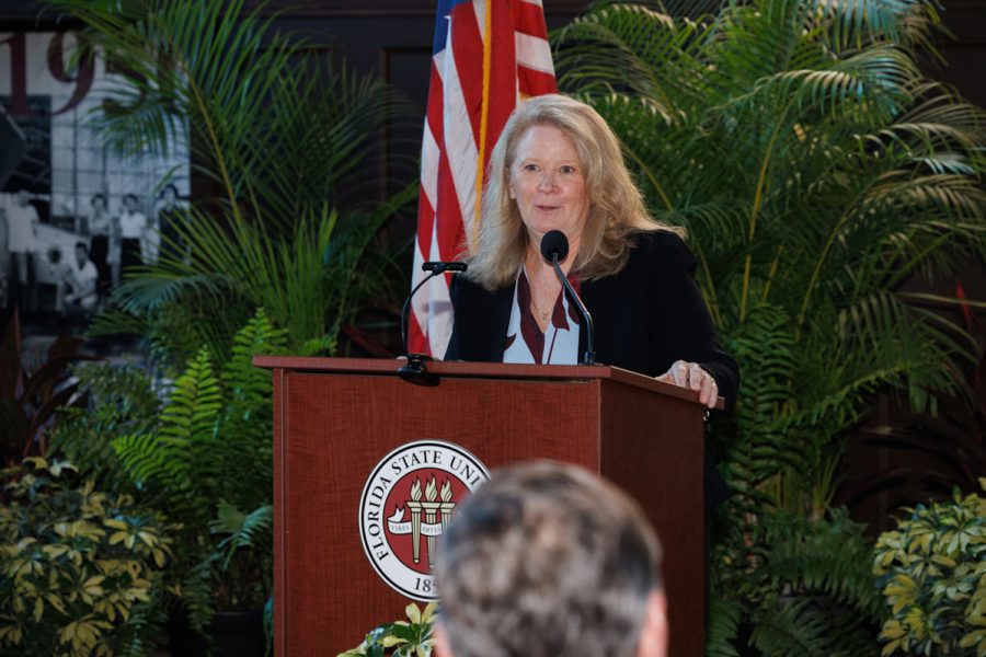 Assistant Vice President for Public Safety Barbara O'Connor speaks during the swearing-in ceremony for FSUPD Chief Jason Trumbower on Tuesday, Aug. 12, 2025. (Bill Lax/FSU Photography)