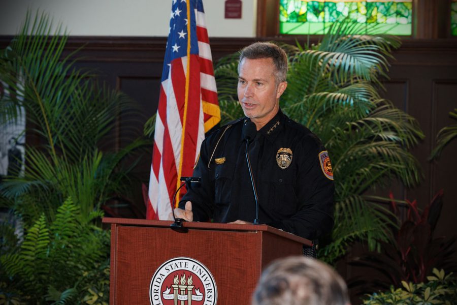 FSUPD Chief Jason Trumbower speaks during his official swearing-in on Tuesday, Aug. 12, 2025. (Bill Lax/FSU Photography)