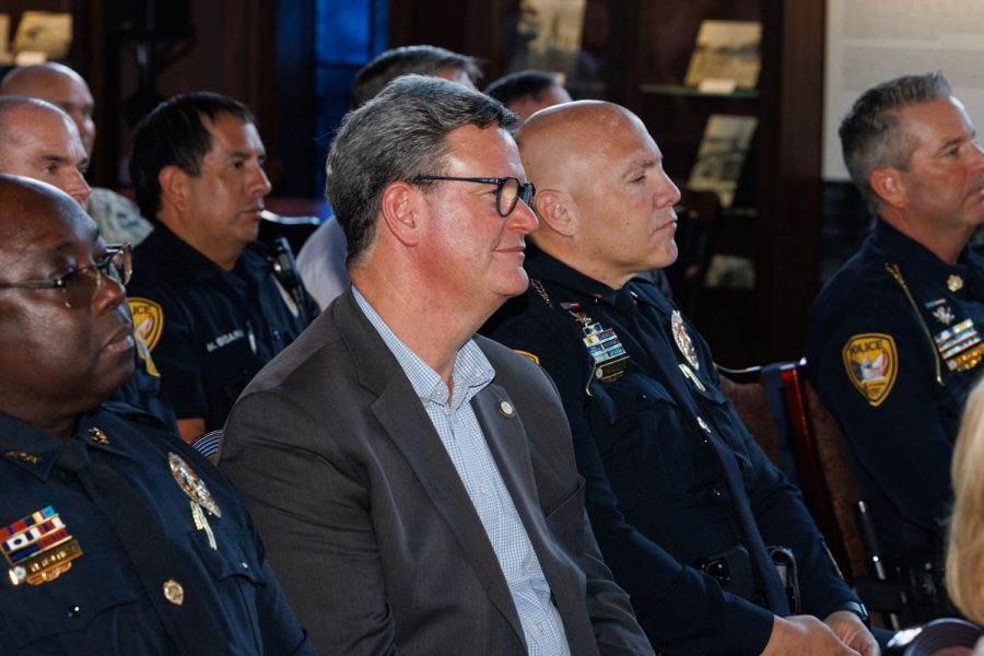 City of Tallahassee Mayor John Dailey and members of local law enforcement agencies attend the swearing in of FSUPD Chief of Police Jason Trumbower on Aug. 12, 2025, at Dodd Hall. (Bill/FSU Photography)