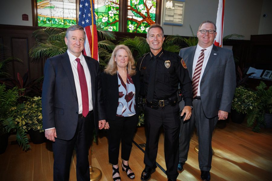 President Richard McCullough, AVP for Public Safety Barbara O'Connor, Chief of Police Jason Trumbower and Senior Vice President for Finance and Administration Kyle Clark pose together after Trumbower's swearing-in ceremony Tuesday, Aug. 12, 2025, at Dodd Hall. (Bill Lax/FSU Photography)
