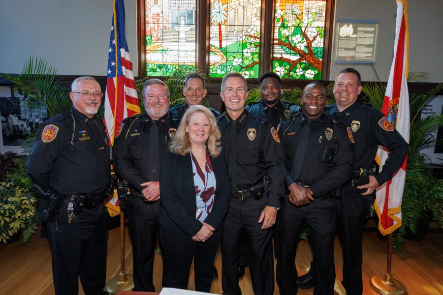 FSUPD Chief of Police Jason Trumbower and Assistant Vice President for Public Safety Barbara O'Connor with members of the FSU Police Department at Trumbower's official swearing-in ceremony on Tuesday, Aug. 12, 2025. (Bill Lax/FSU Photography)