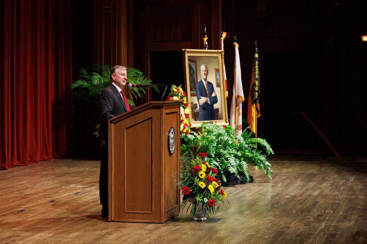 FSU President Richard McCullough speaks during a Celebration of Life honoring John Thrasher on Tuesday, Aug. 19, 2025, at Ruby Diamond Concert Hall. (Bill Lax/FSU Photography)