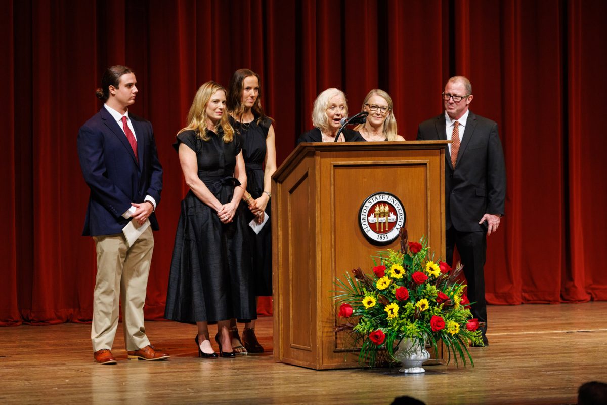 Jean Thrasher speaks during a Celebration of Life for her husband, John, on Tuesday, Aug. 19, 2025, at Ruby Diamond Concert Hall. (Bill Lax/FSU Photography)