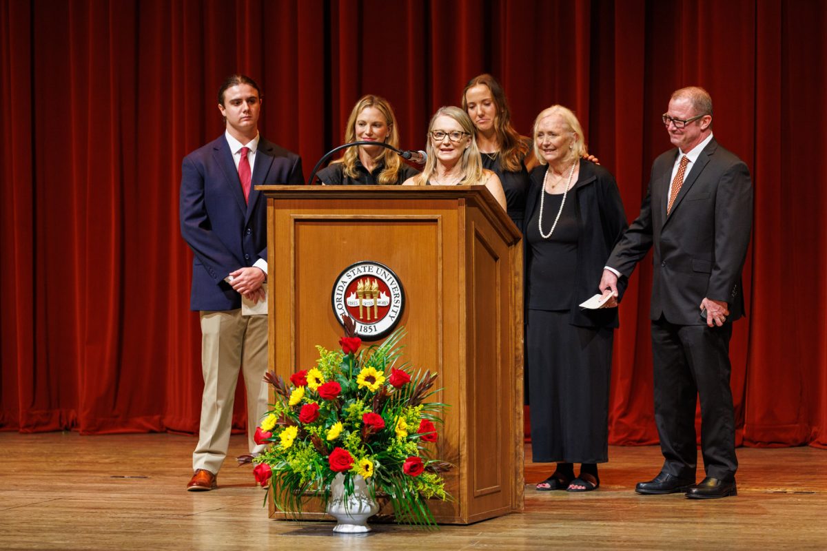 Jennifer Jordan, daughter of John Thrasher, speaks during a Celebration of Life for her father on Tuesday, Aug. 19, 2025, at Ruby Diamond Concert Hall. (Bill Lax/FSU Photography)