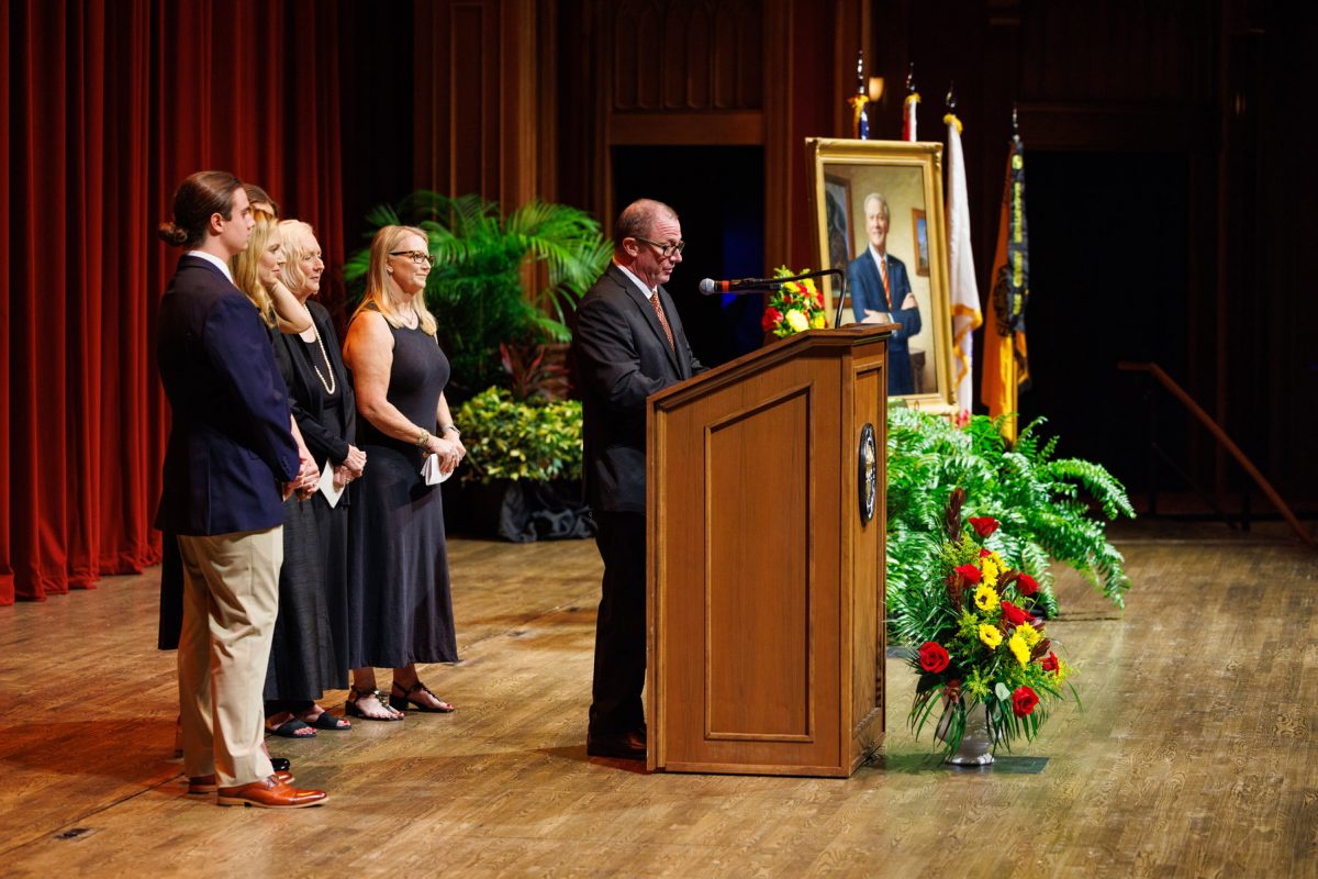 Jon Thrasher, son of John Thrasher, speaks during a Celebration of Life for his father on Tuesday, Aug. 19, 2025, at Ruby Diamond Concert Hall. (Bill Lax/FSU Photography)