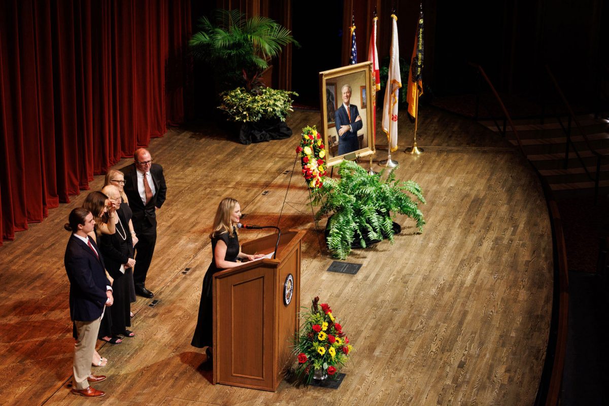 Julie Weinberg, daughter of John Thrasher, speaks during a Celebration of Life for her father on Tuesday, Aug. 19, 2025, at Ruby Diamond Concert Hall. (Bill Lax/FSU Photography)