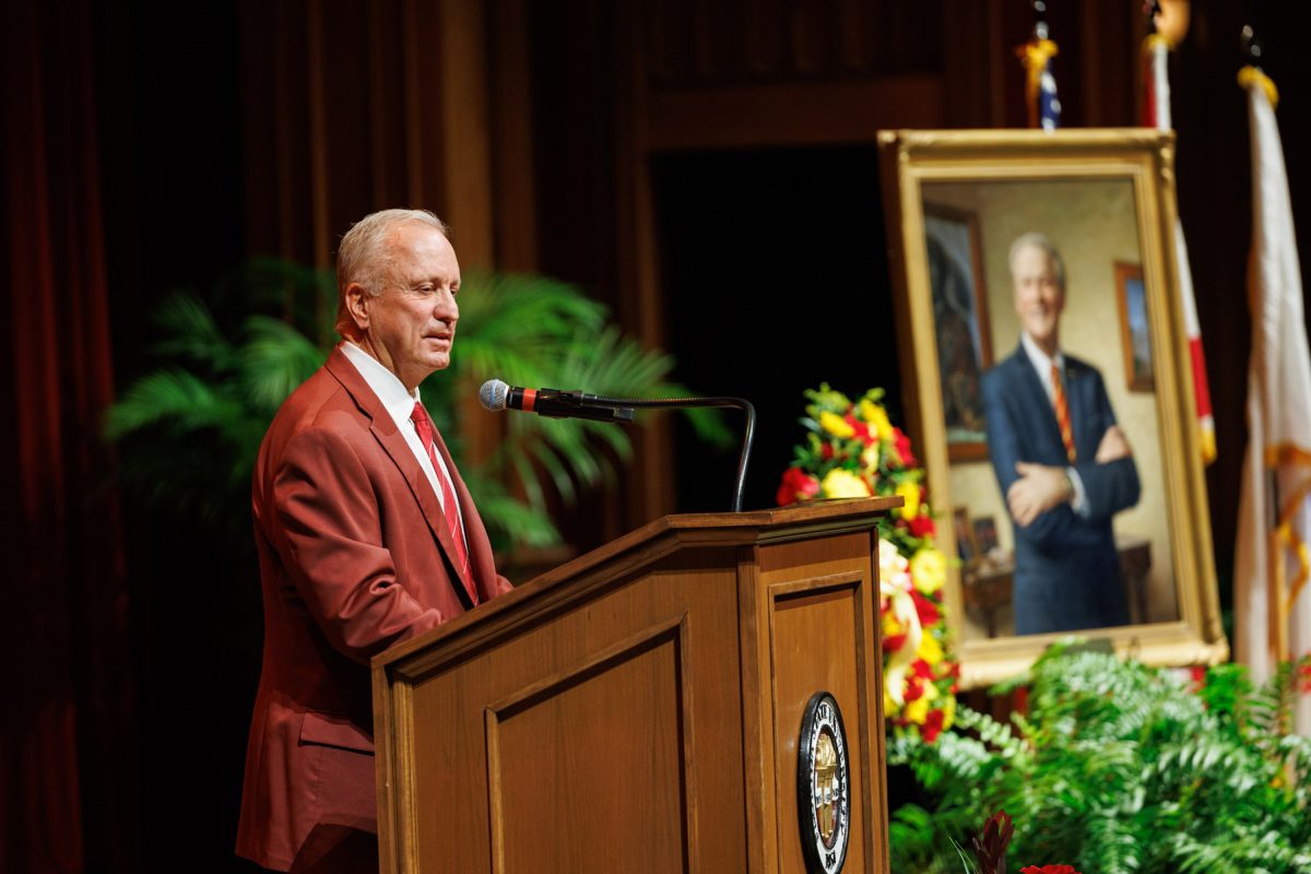 Former FSU Board of Trustees Chair Ed Burr speaks during a Celebration of Life honoring John Thrasher on Tuesday, Aug. 19, 2025, at Ruby Diamond Concert Hall. (Bill Lax/FSU Photography)