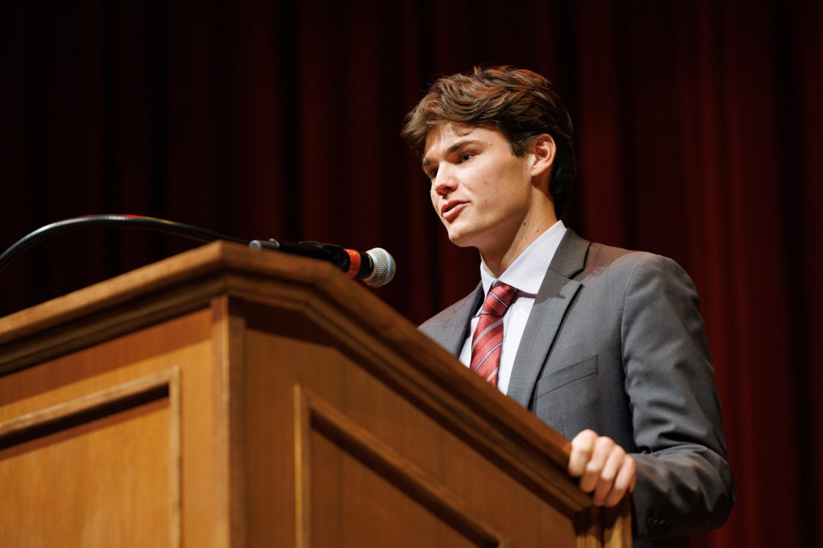 Merritt Weinberg, reads a scripture during a Celebration of Life honoring for his grandfatJohn Thrasher on Tuesday, Aug. 19, 2025, at Ruby Diamond Concert Hall. (Bill Lax/FSU Photography)