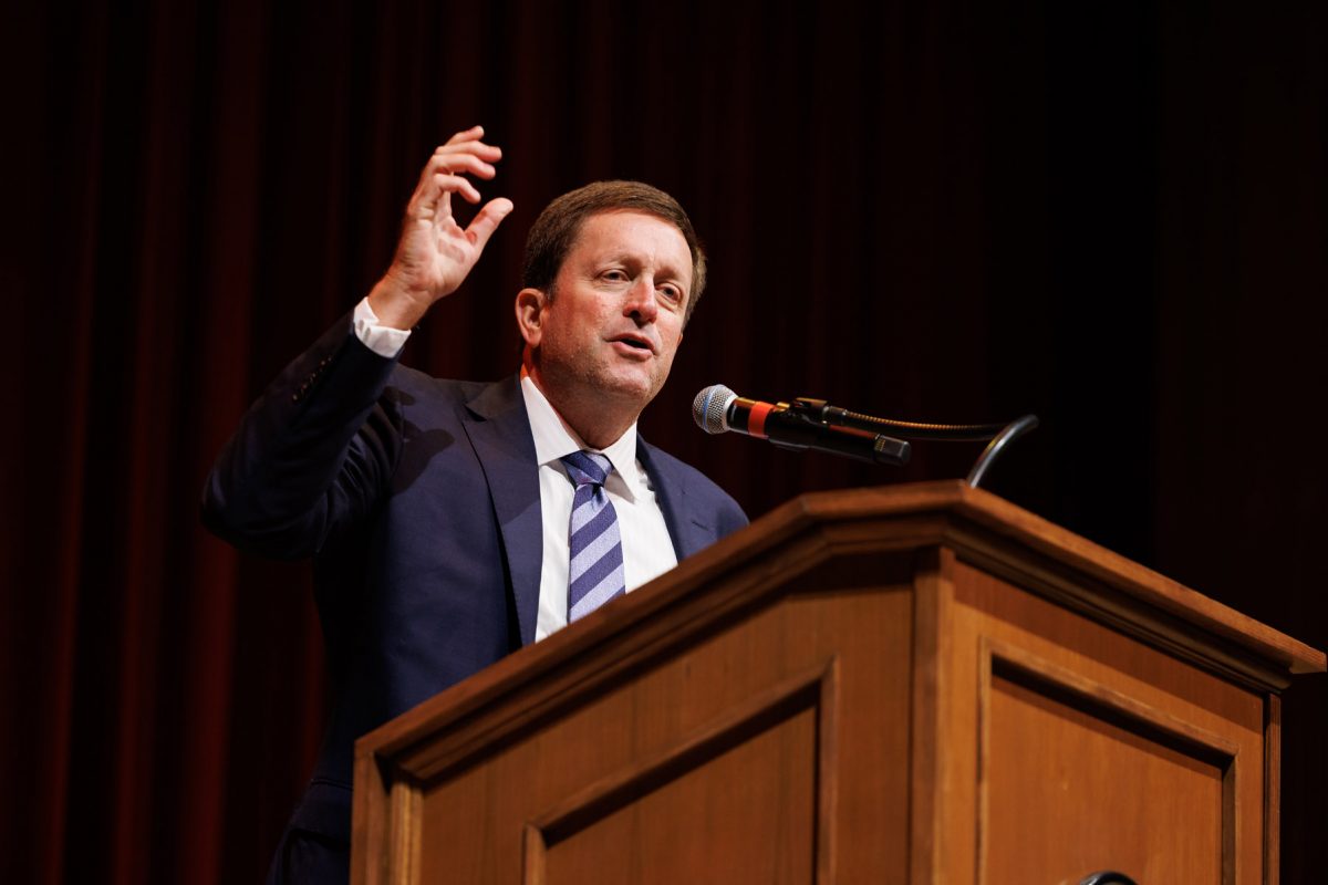 David Swanson, senior pastor of First Presbyterian Church of Orlando, gives a call to worship during a Celebration of Life honoring John Thrasher on Tuesday, Aug. 19, 2025, at Ruby Diamond Concert Hall. (Bill Lax/FSU Photography)