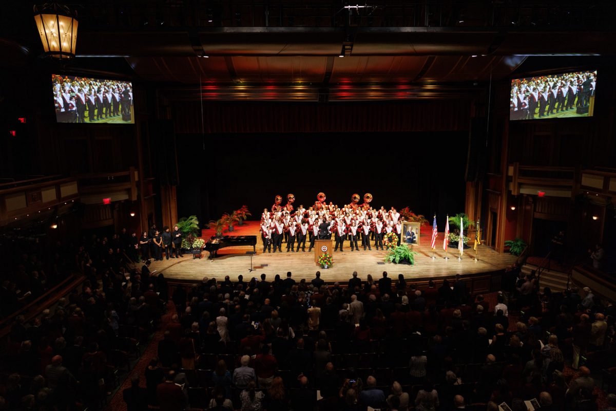The Marching Chiefs perform during a Celebration of Life honoring John Thrasher on Tuesday, Aug. 19, 2025, at Ruby Diamond Concert Hall. (Bill Lax/FSU Photography)